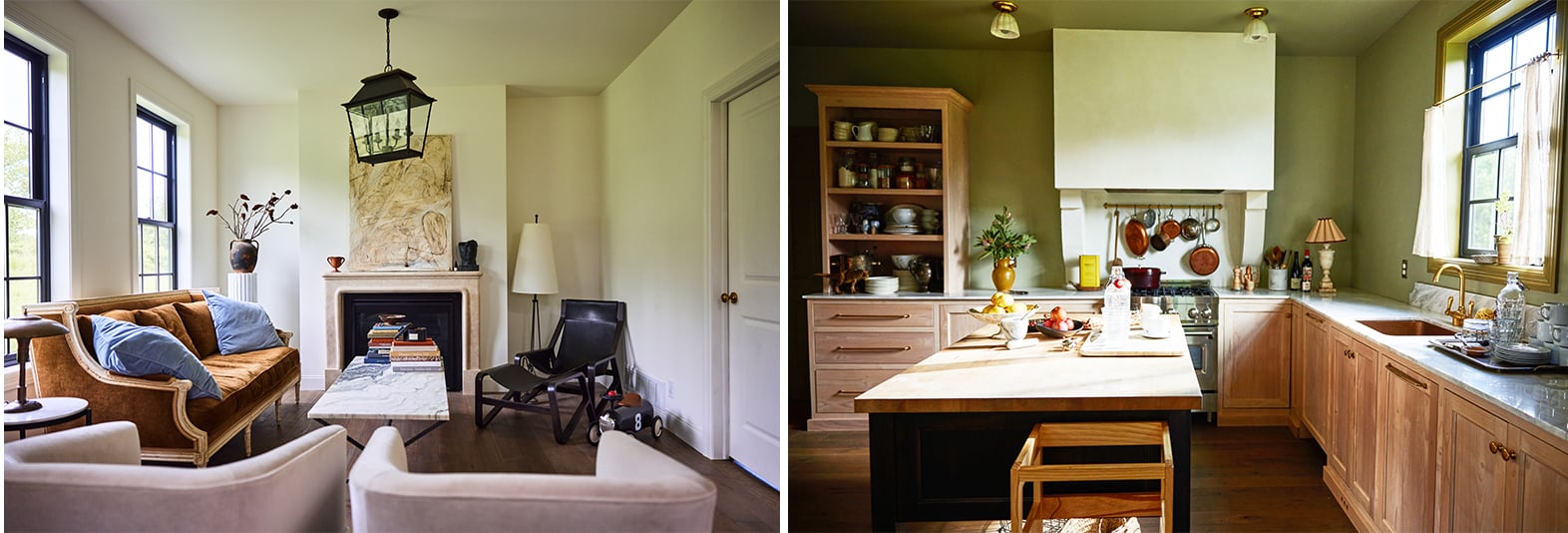 On the left is an interior shot showing a living room with a couch in front of two large black-framed windows and a limestone fireplace. On the right, is a kitchen with a hearth-style range hood, light wood cabinetry, and a central island.