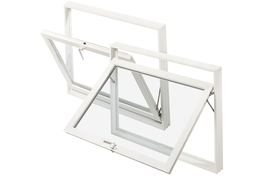Two Andersen® basement windows are pictured, including an open hopper window on the left, which opens inward from the top, and an open awning window on the right, opens inward from the bottom.