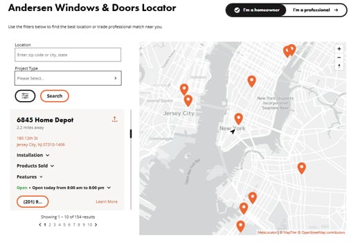 Preview of Andersen's Where to buy tool