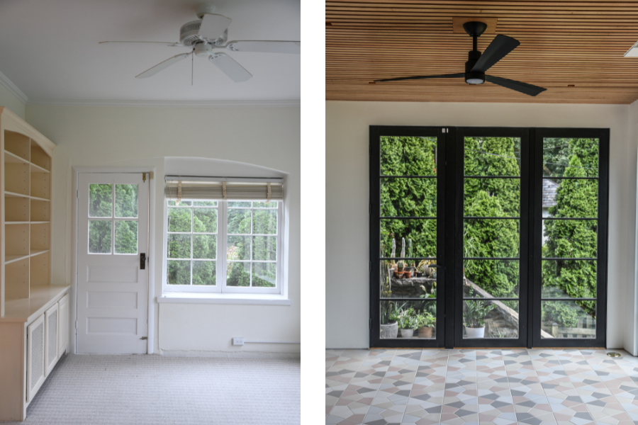 Left: Hilton Carter’s sunroom featured two windows and a door pre renovation Right: Hilton Carter’s sunroom post renovation features two floor-to-ceiling windows and a full glass door to match