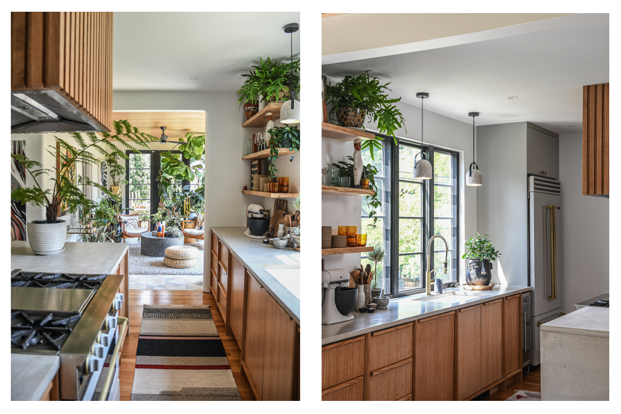 Looking from the kitchen into the sunroom, potted plants are everywhere